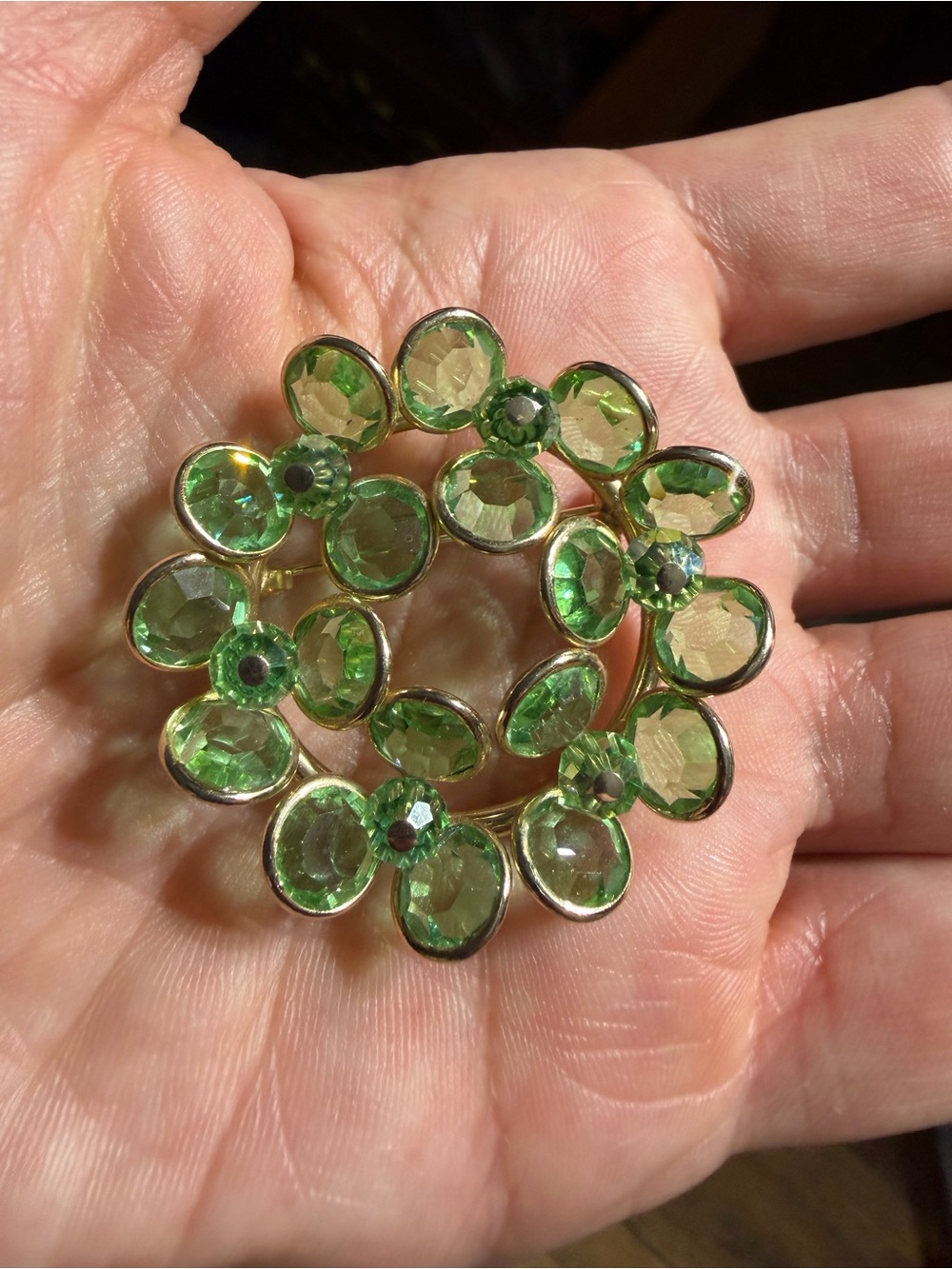 Vintage Silver Tone Green Crystal Floral Brooch